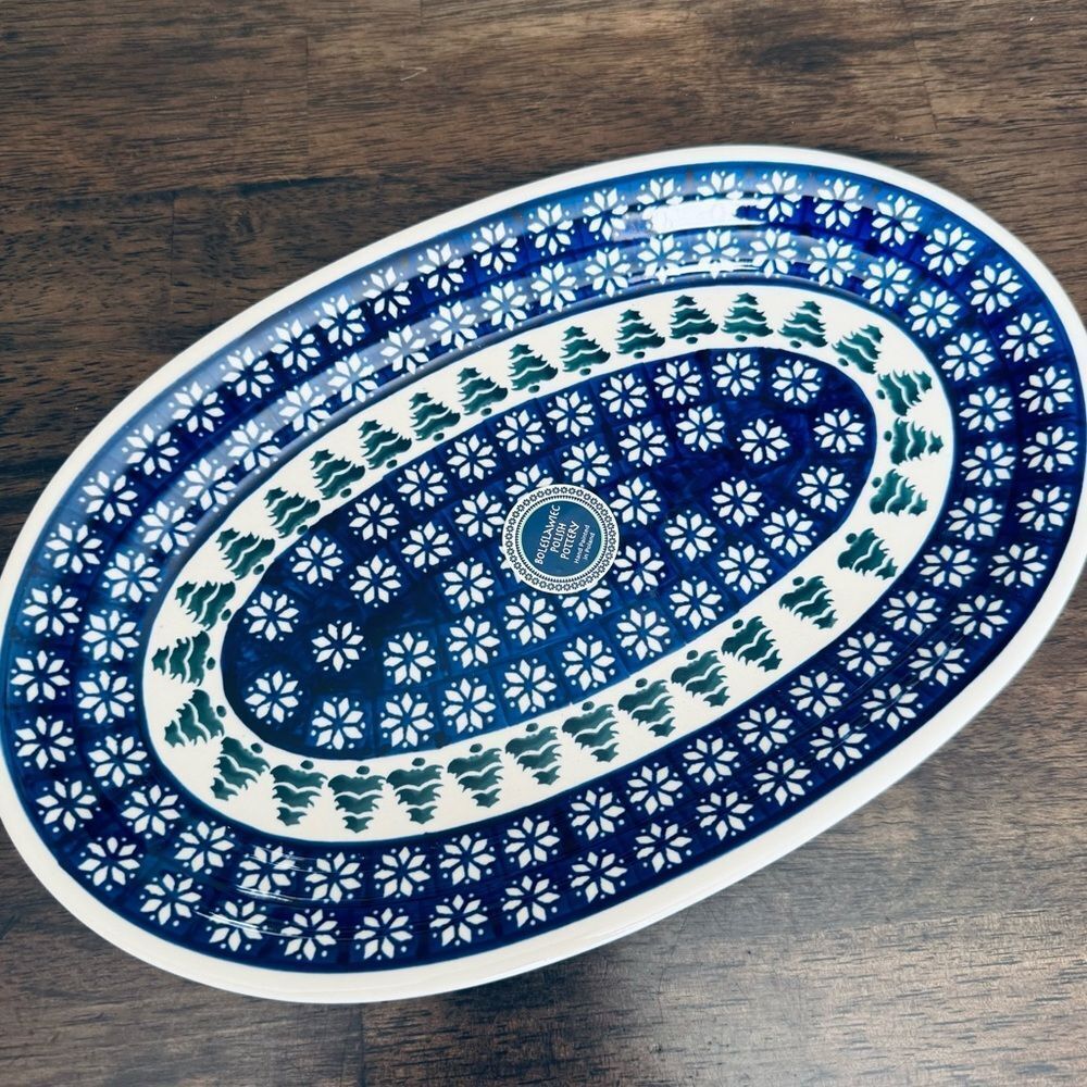 Boleslawiec Polish Pottery Christmas Tree Poinsettia Oval Serving Plate Dish